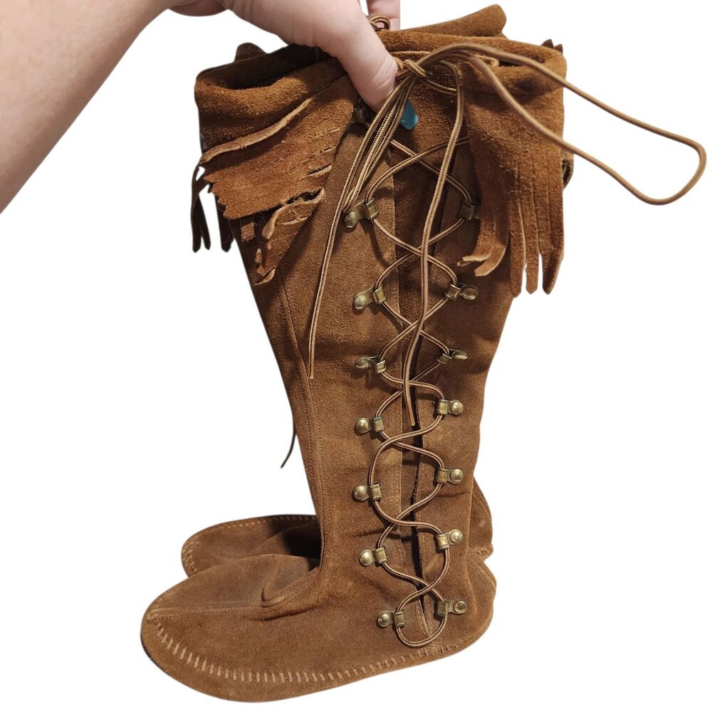Brown Suede Fringe Lace Up Moc Toe Boots Knee High Boho Western Festival
